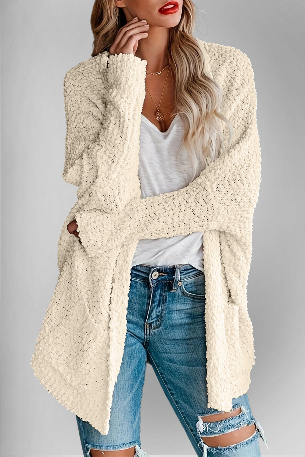 Double Take Pocketed Open Front Long Sleeve Cardigan - Cream / S
