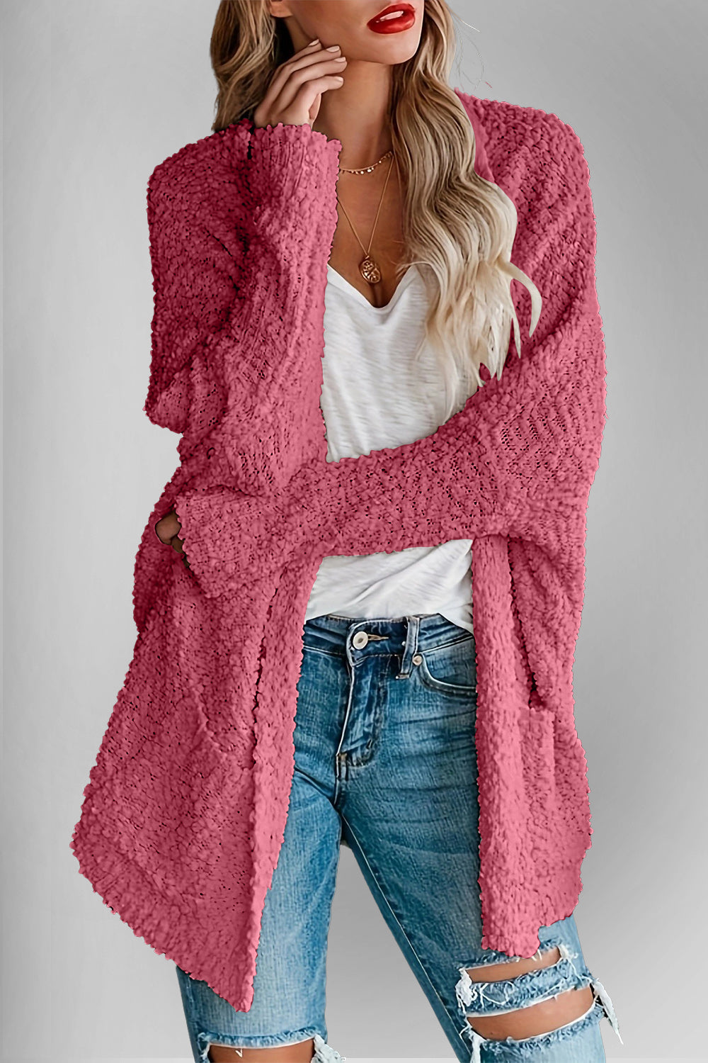 Double Take Pocketed Open Front Long Sleeve Cardigan - Deep Rose / S