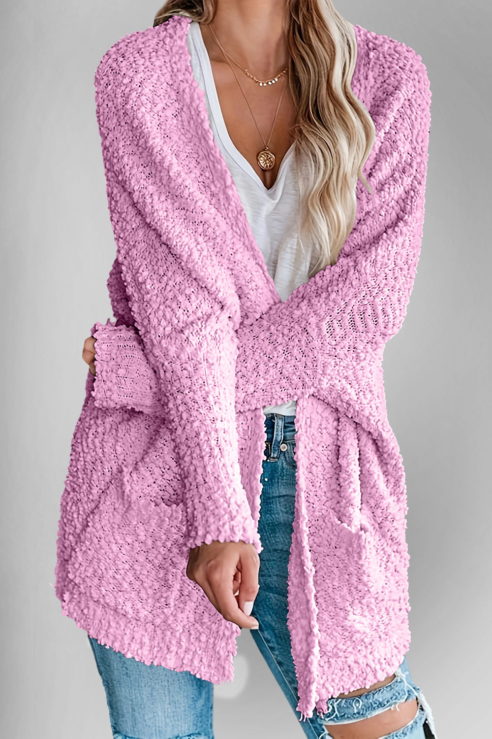 Double Take Pocketed Open Front Long Sleeve Cardigan - Fuchsia Pink / S