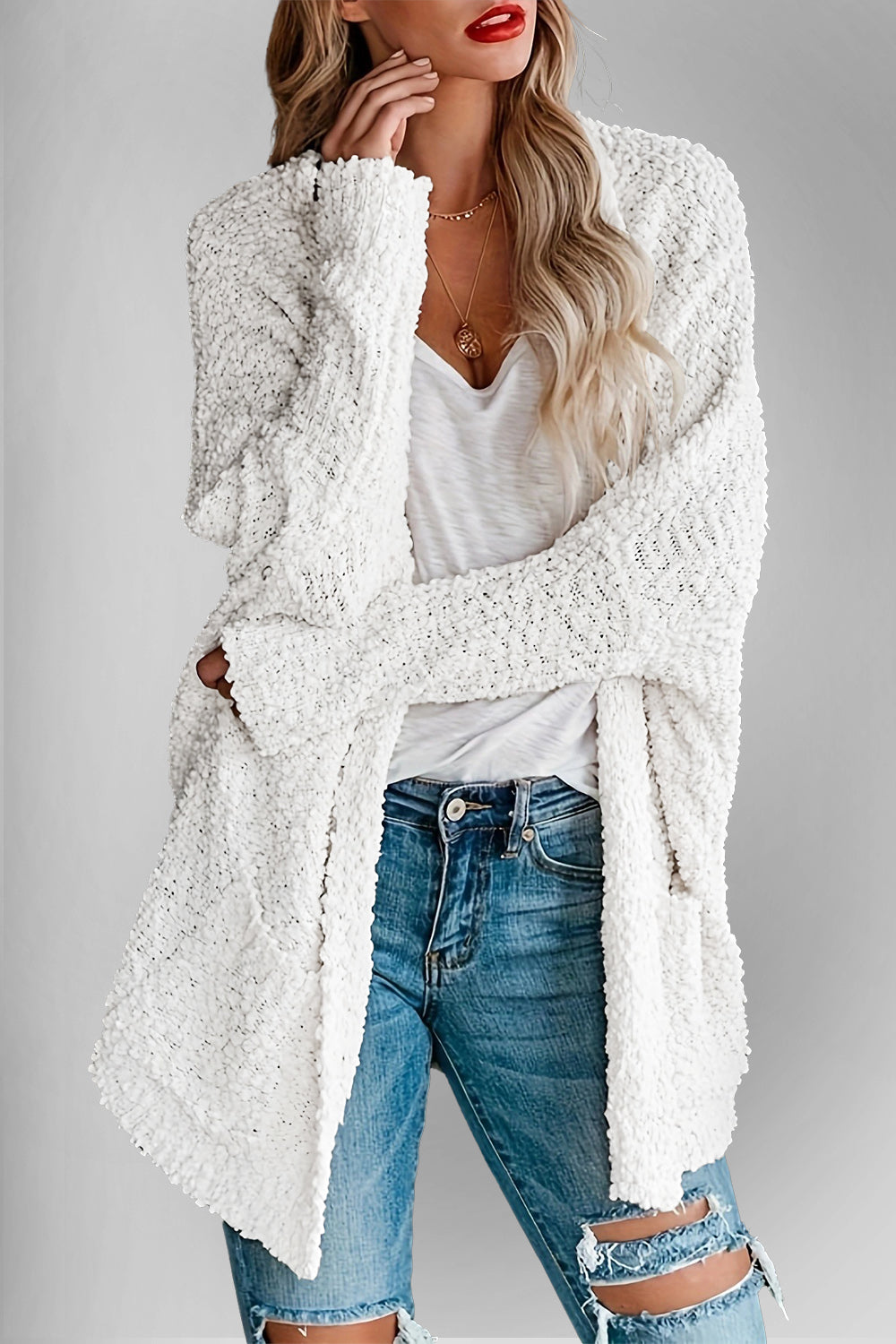 Double Take Pocketed Open Front Long Sleeve Cardigan - White / S