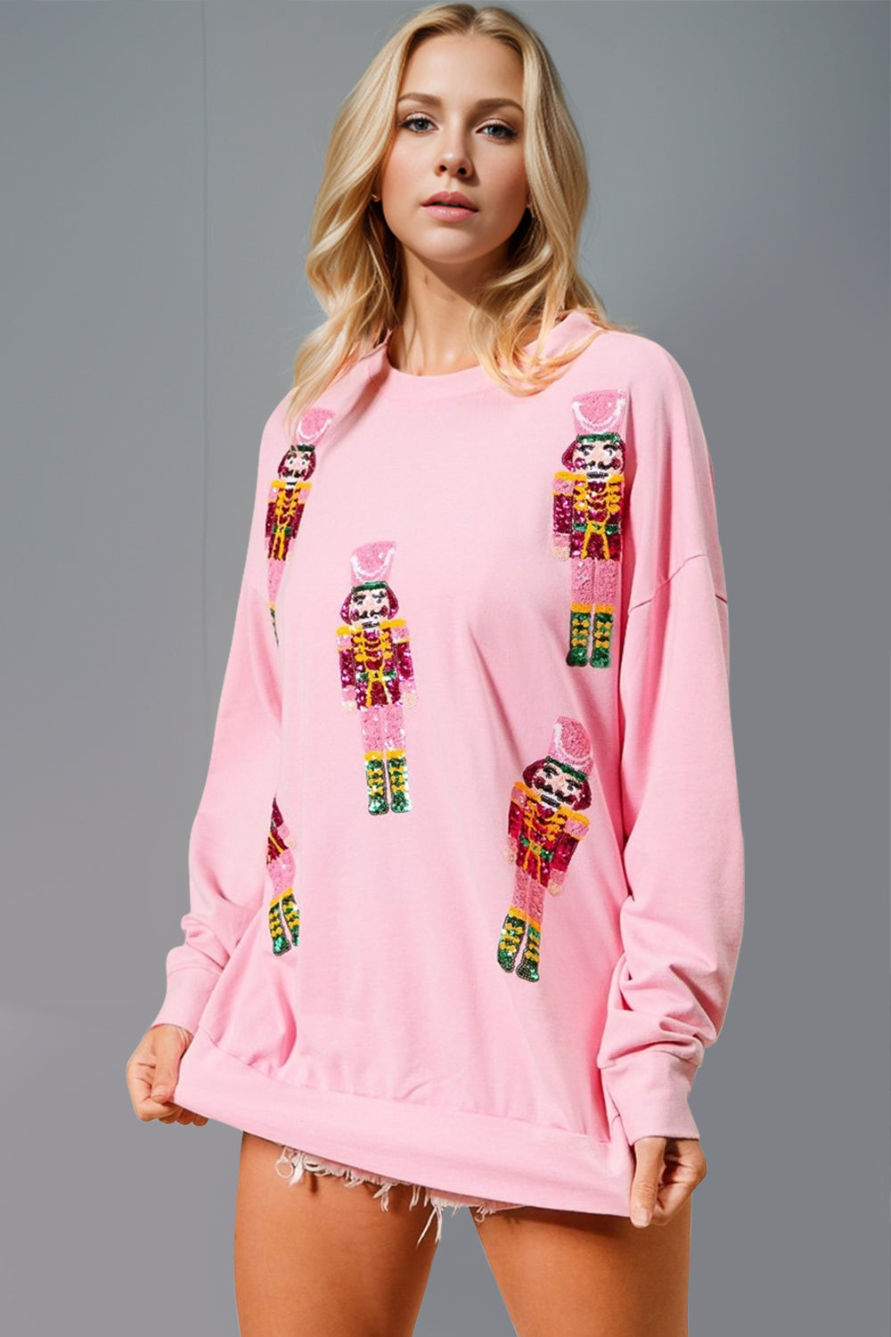 Double Take Sequin Nutcracker Round Neck Long Sleeve Sweatshirt - Pink / S