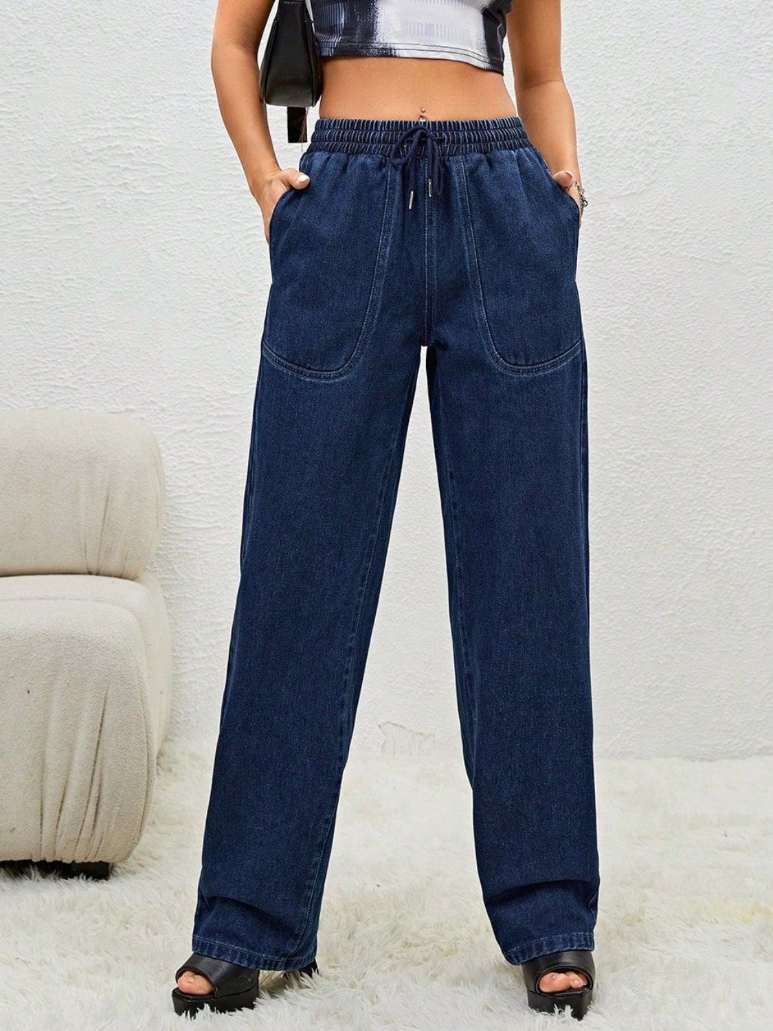 Drawstring Elastic Waist Jeans with Pockets - Dark / XS