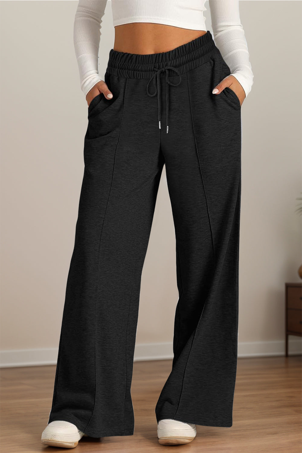Drawstring Elastic Waist Wide Leg Pants - Black / S