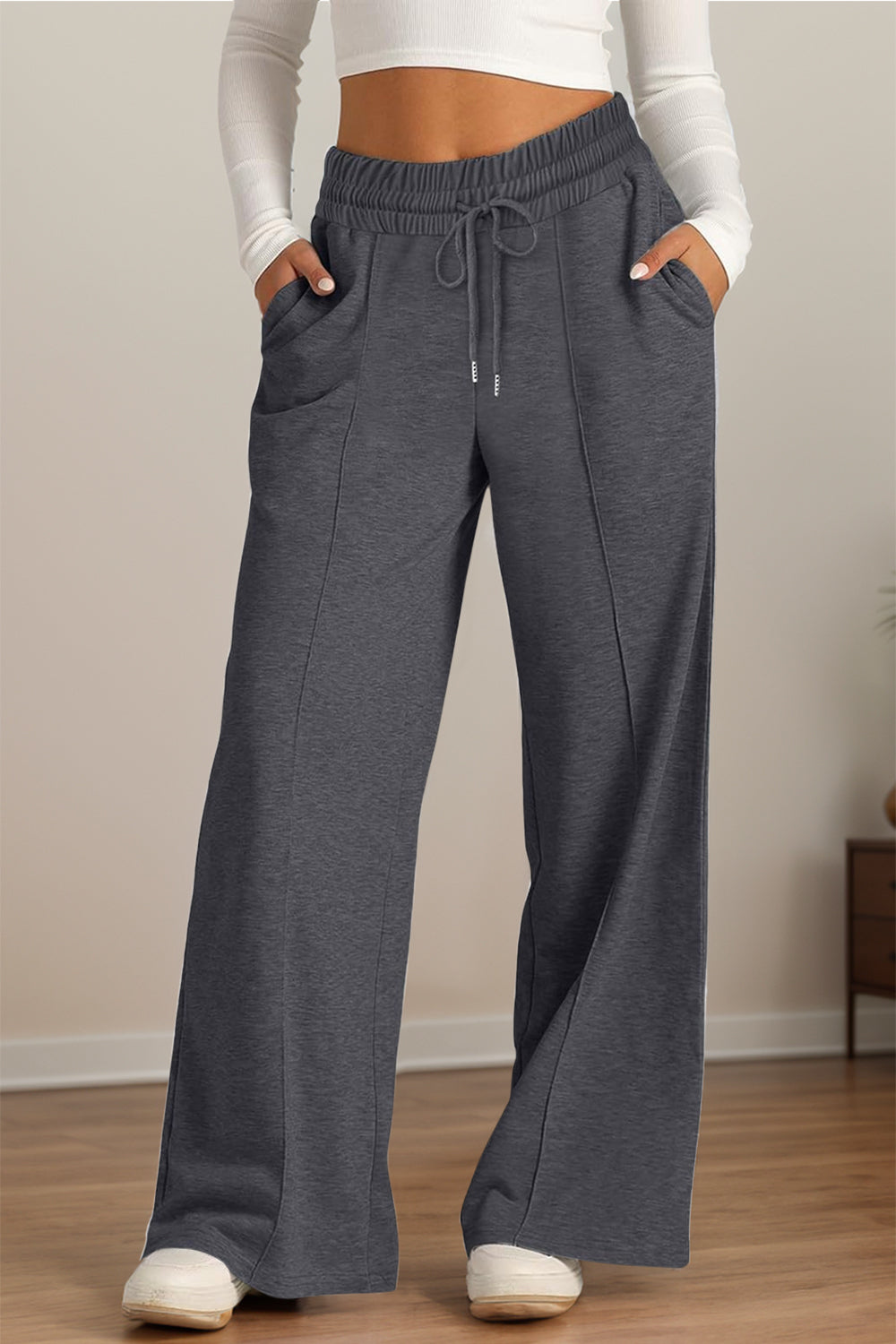 Drawstring Elastic Waist Wide Leg Pants - Dark Gray / S