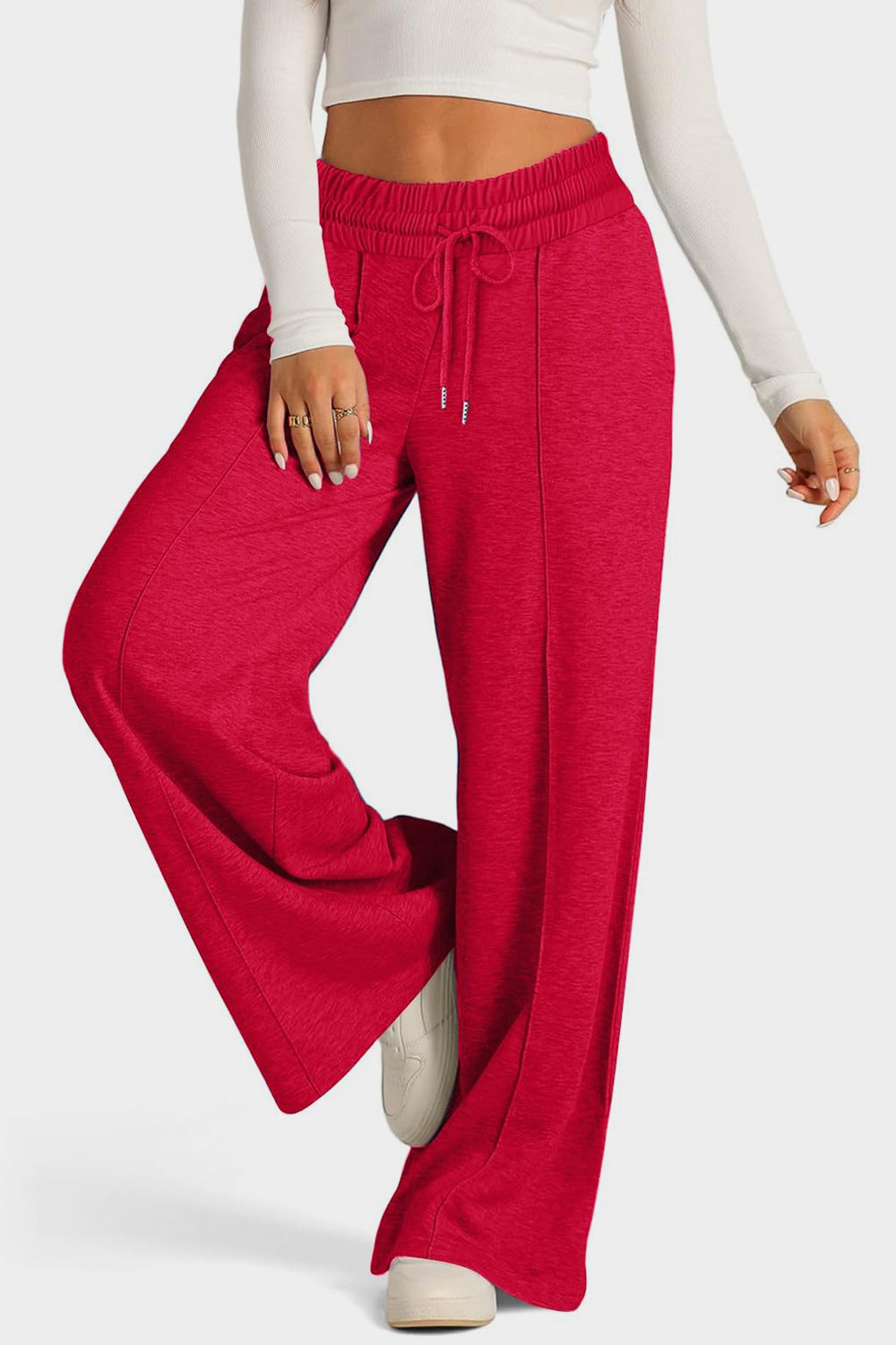 Drawstring Elastic Waist Wide Leg Pants - Deep Red / S