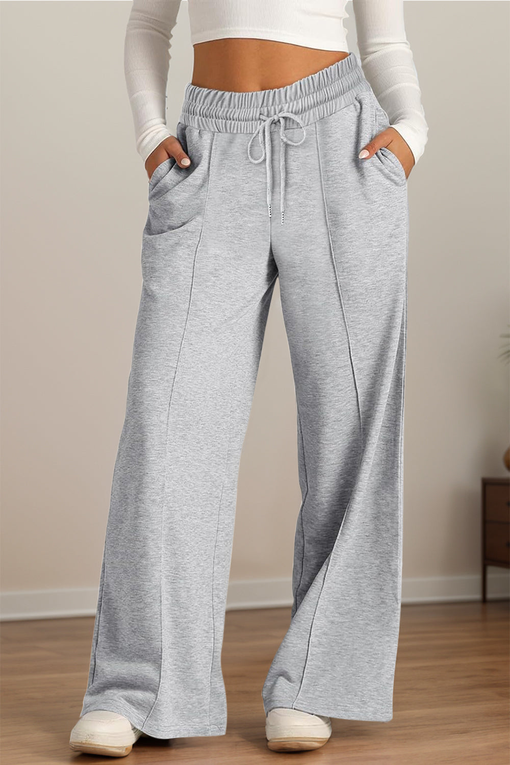 Drawstring Elastic Waist Wide Leg Pants - Gray / S