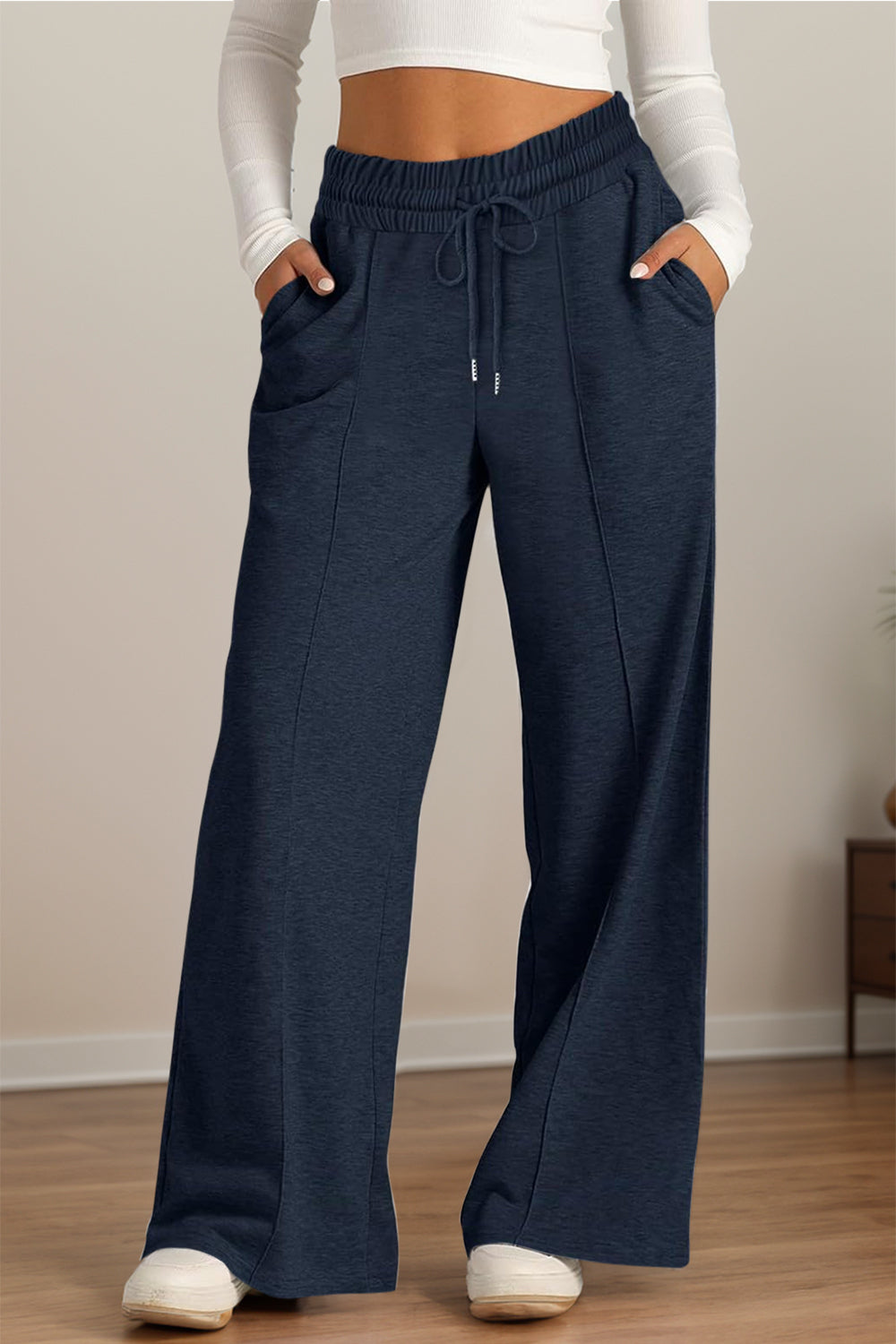 Drawstring Elastic Waist Wide Leg Pants - Indigo / S