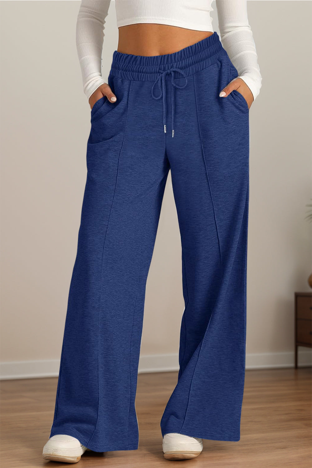 Drawstring Elastic Waist Wide Leg Pants - Navy / S