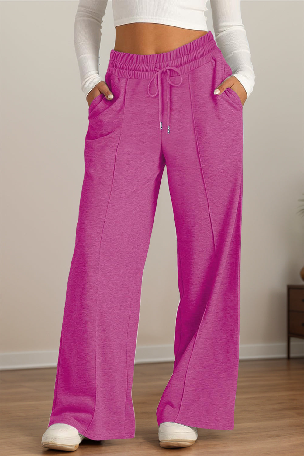 Drawstring Elastic Waist Wide Leg Pants - Red-Violet / S