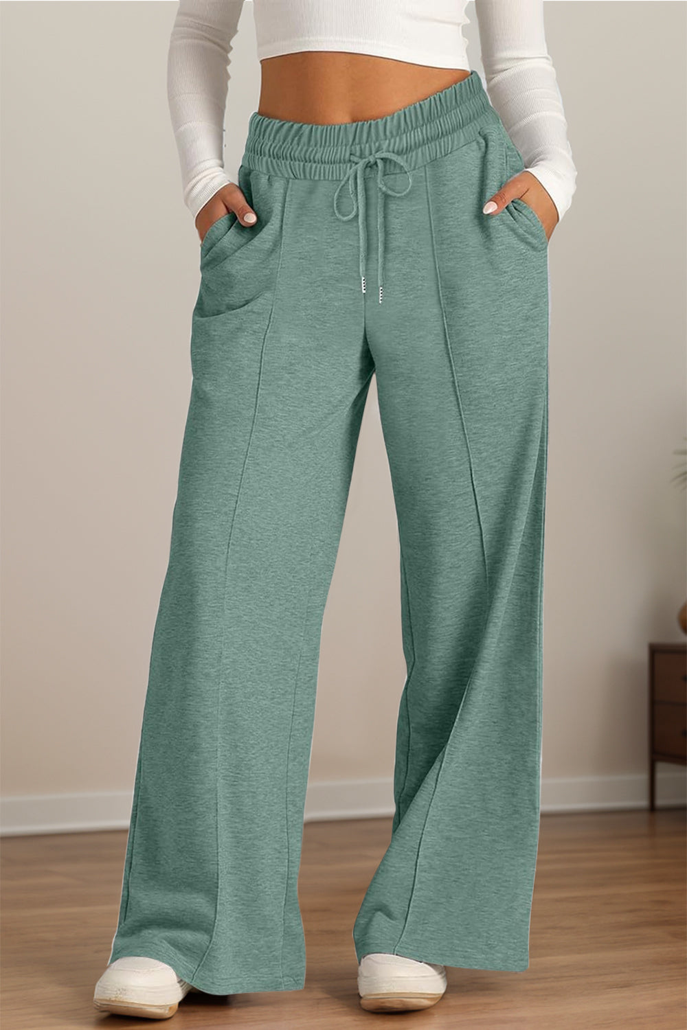 Drawstring Elastic Waist Wide Leg Pants - Sage / S