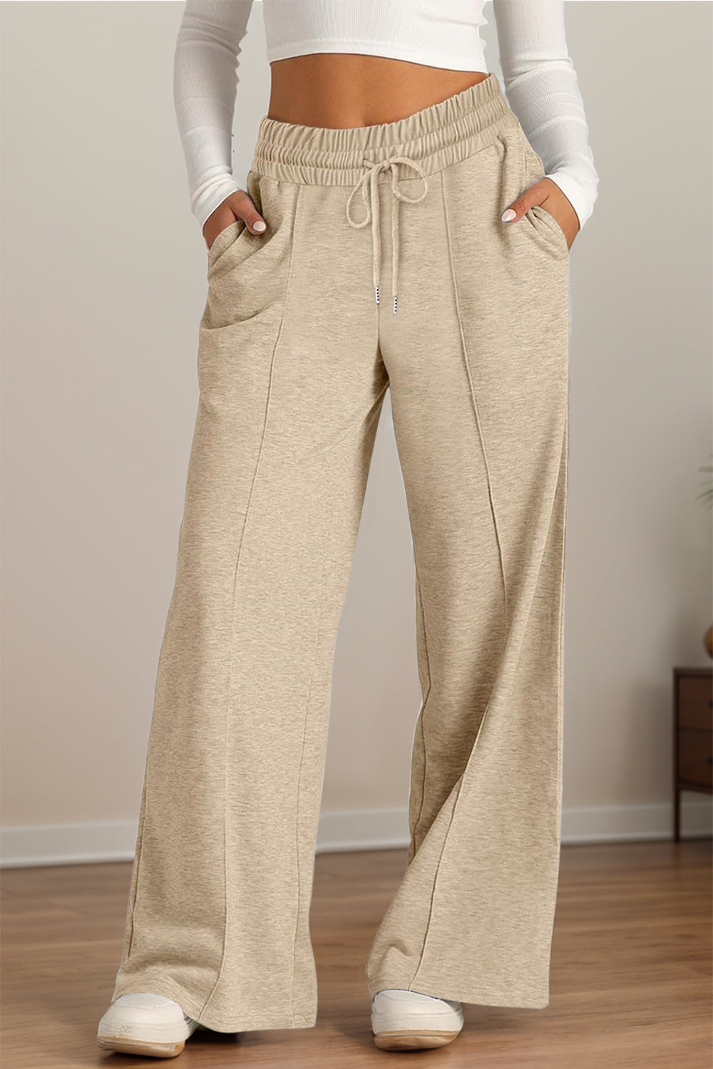 Drawstring Elastic Waist Wide Leg Pants - Tan / S
