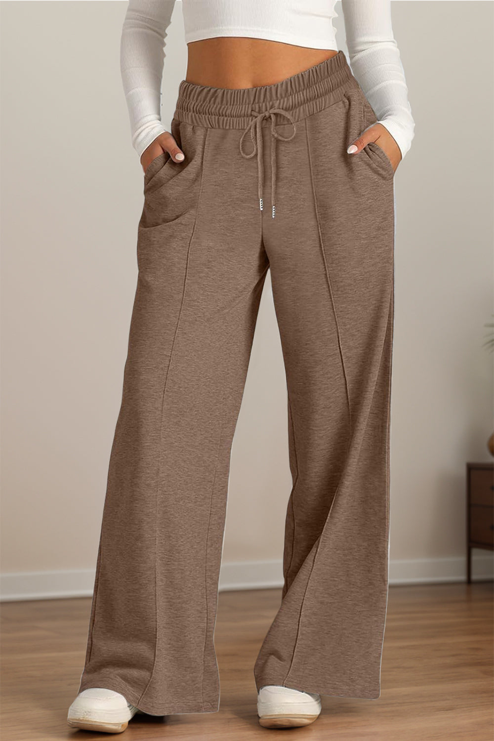 Drawstring Elastic Waist Wide Leg Pants - Taupe / S