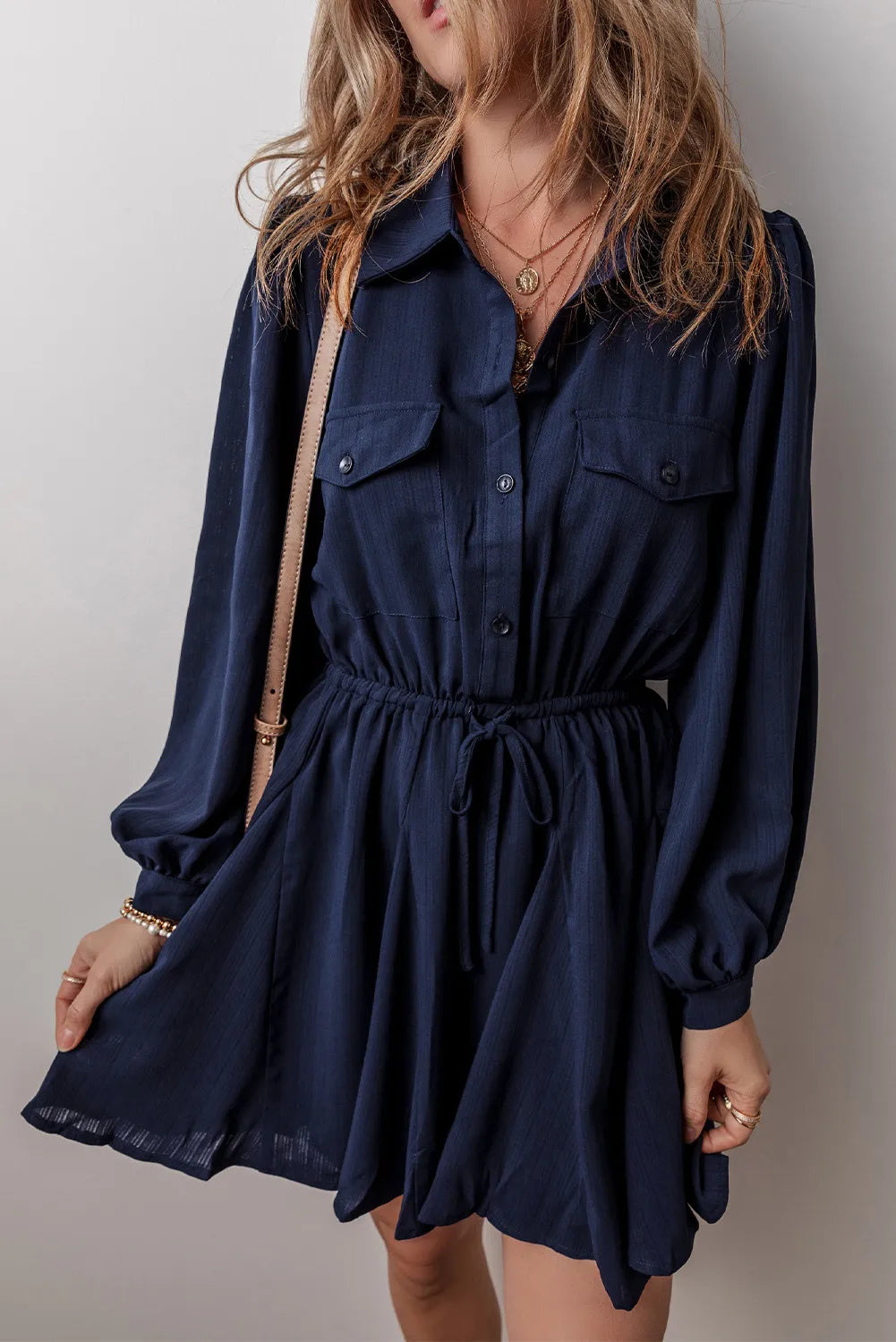 Drawstring Half Button Long Sleeve Dress - Dark Navy / S