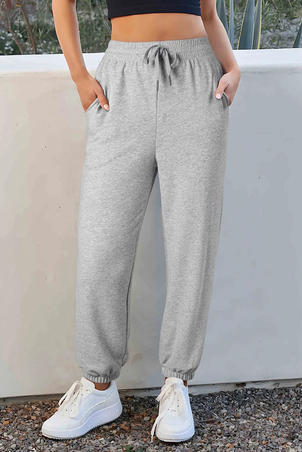 Drawstring Joggers with Pockets - Gray / S