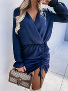 Drawstring Long Sleeve Mini Dress - Navy / S