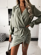 Drawstring Long Sleeve Mini Dress - Sage / S