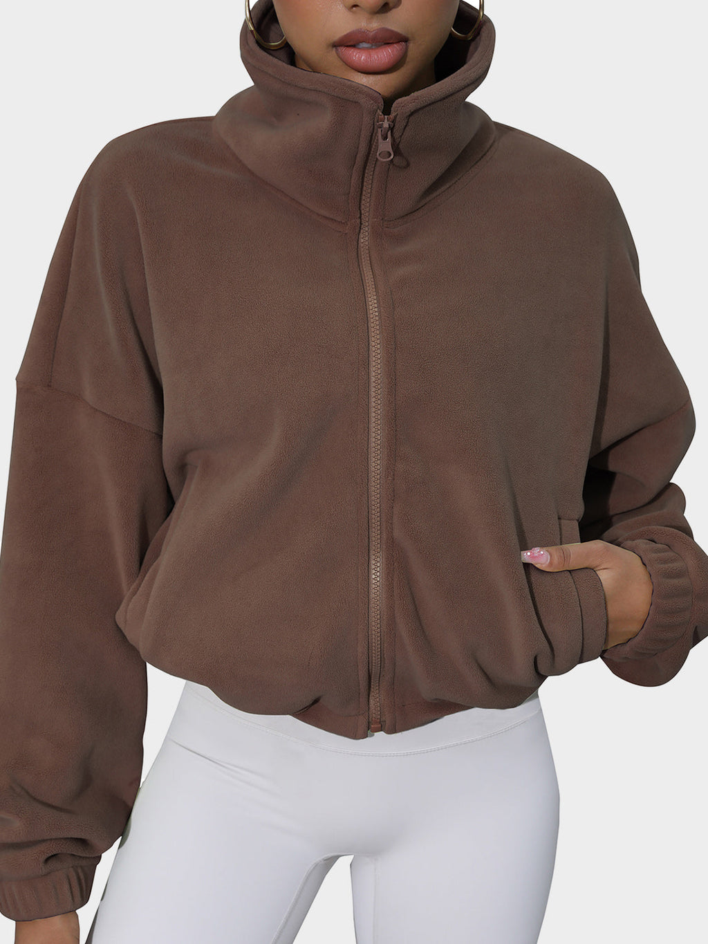 Drawstring Turtleneck Zip Up Long Sleeve Jacket - Coffee Brown / S