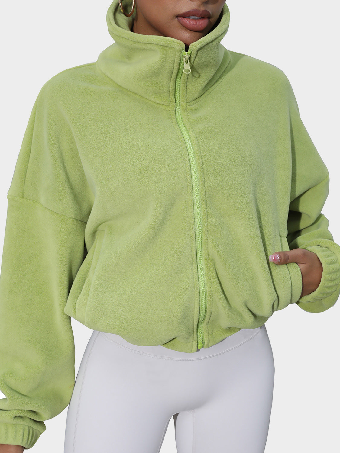 Drawstring Turtleneck Zip Up Long Sleeve Jacket - Lime / S