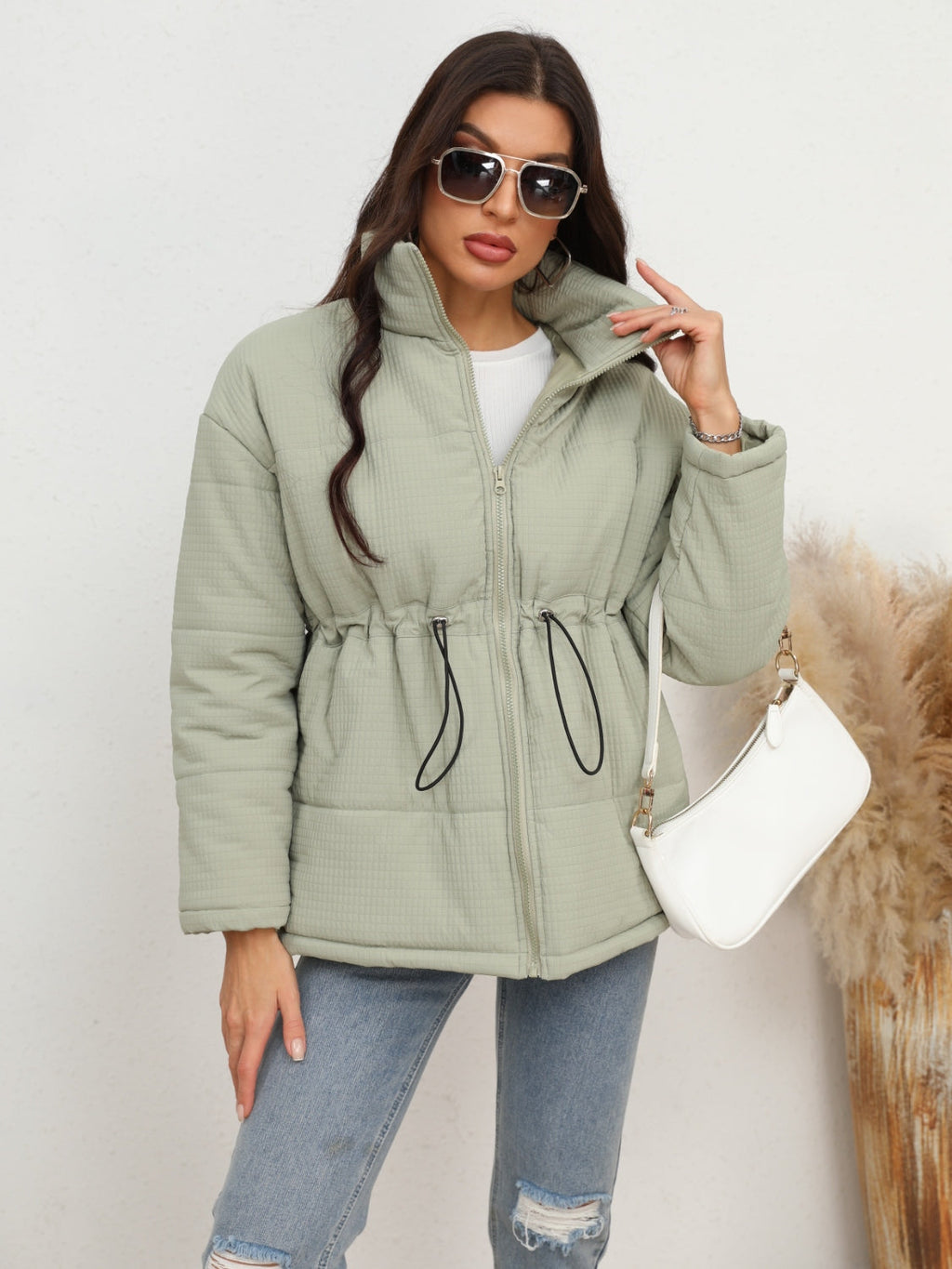 Drawstring Waist Zip-Up Puffer Jacket - Light Green / S