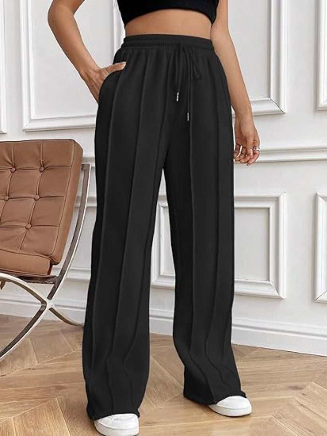 Drawstring Wide Leg Pants with Pockets - Black / S