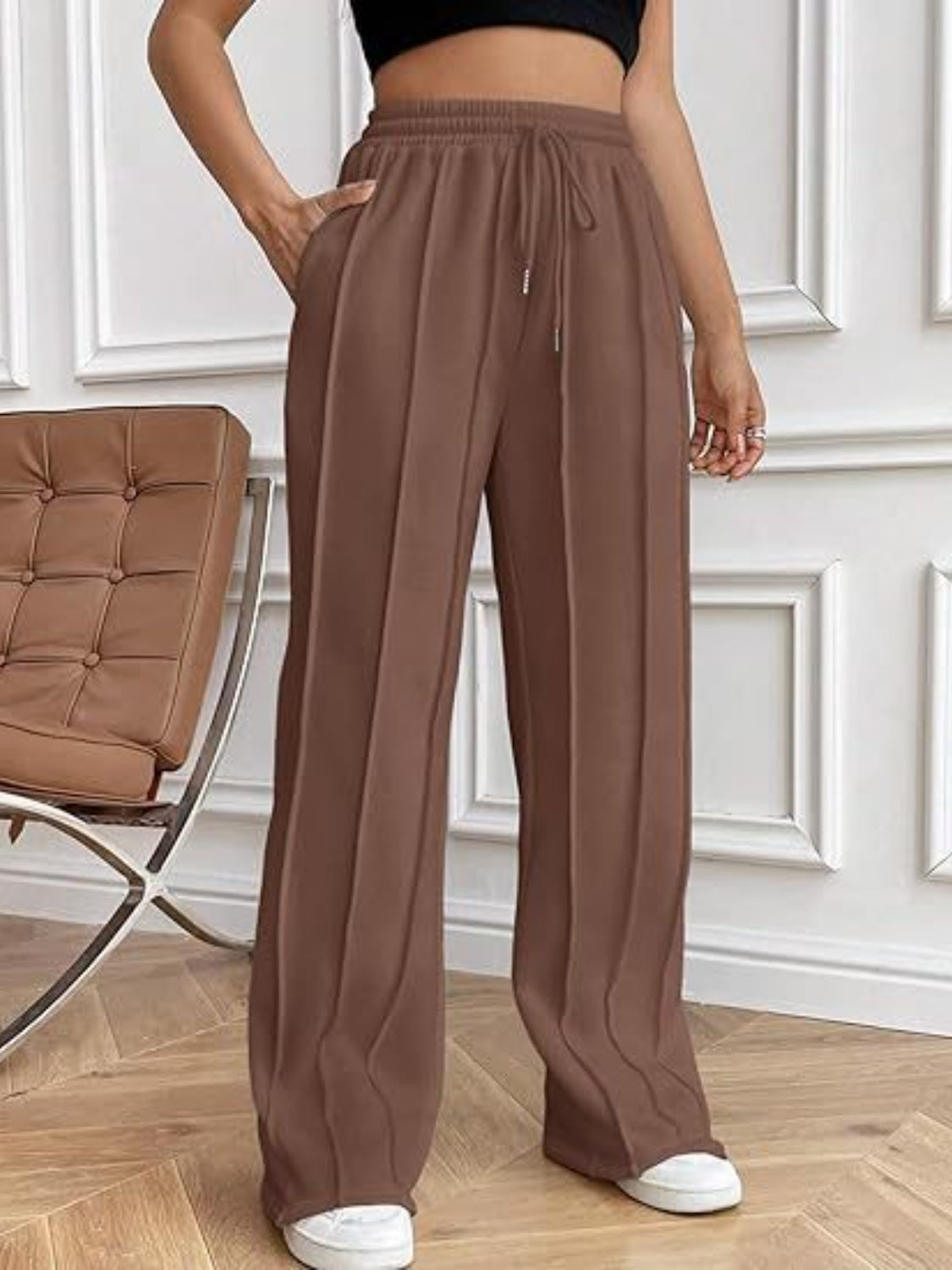 Drawstring Wide Leg Pants with Pockets - Brown / S