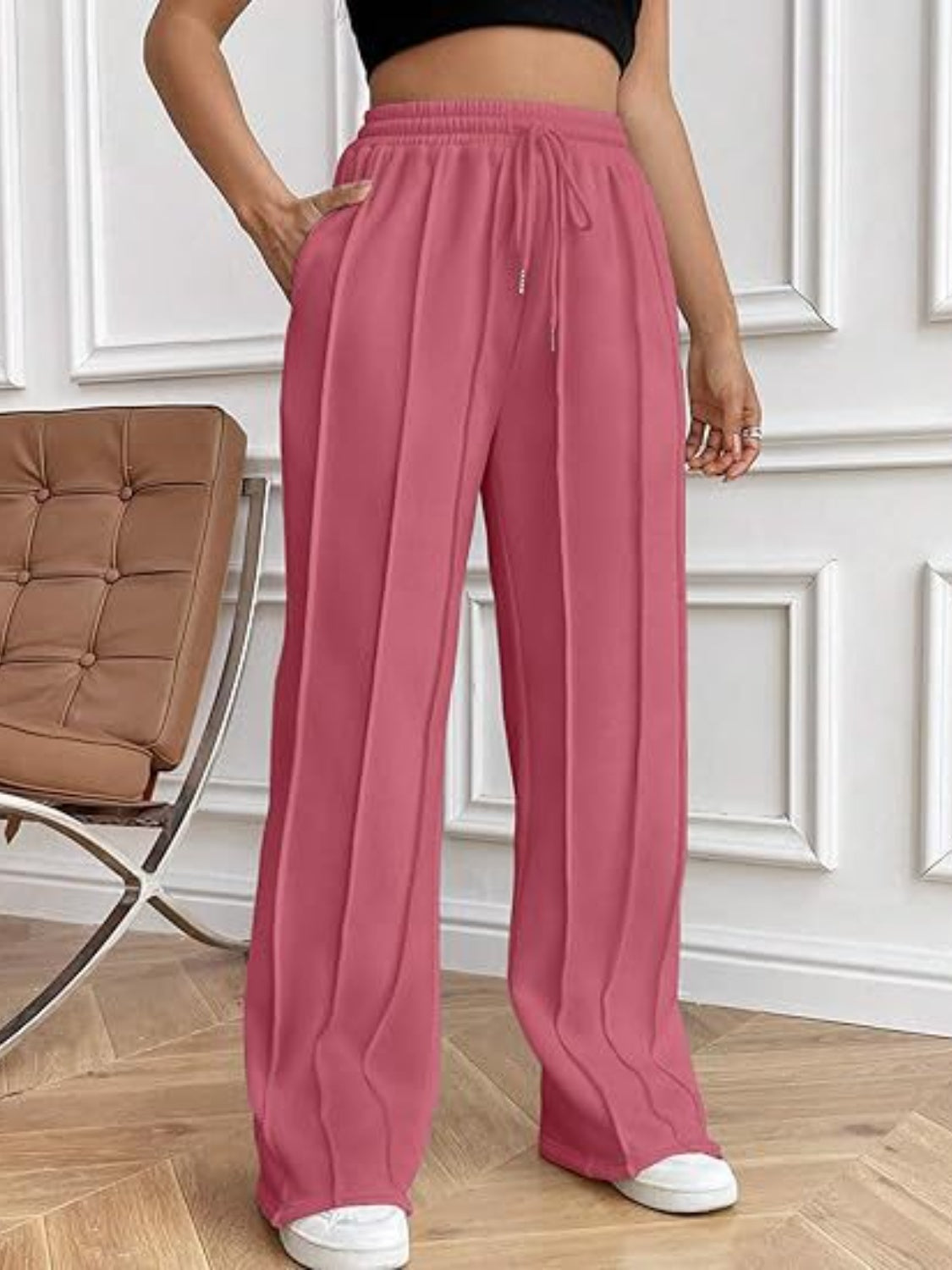 Drawstring Wide Leg Pants with Pockets - Deep Rose / S