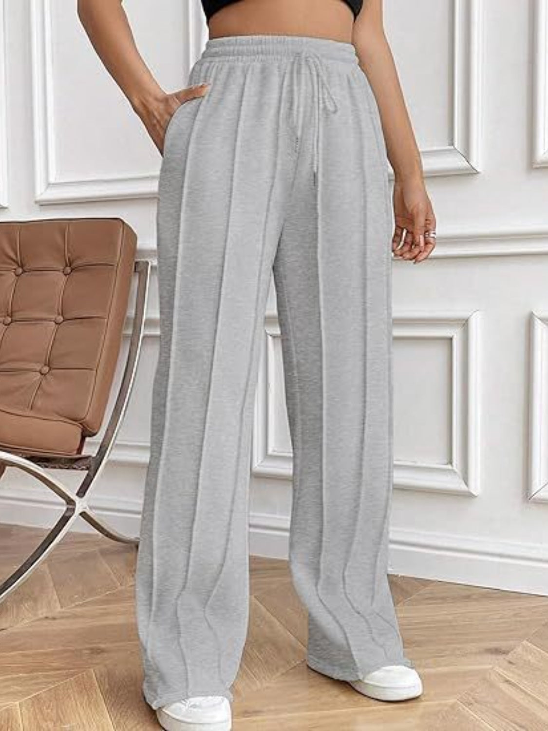 Drawstring Wide Leg Pants with Pockets - Gray / S