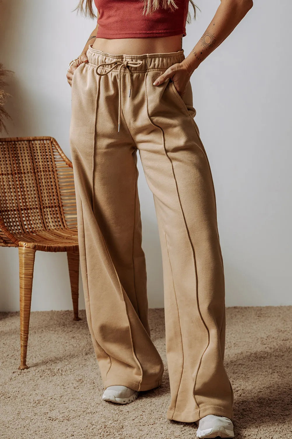 Drawstring Wide Leg Pants with Pockets - Tan / S