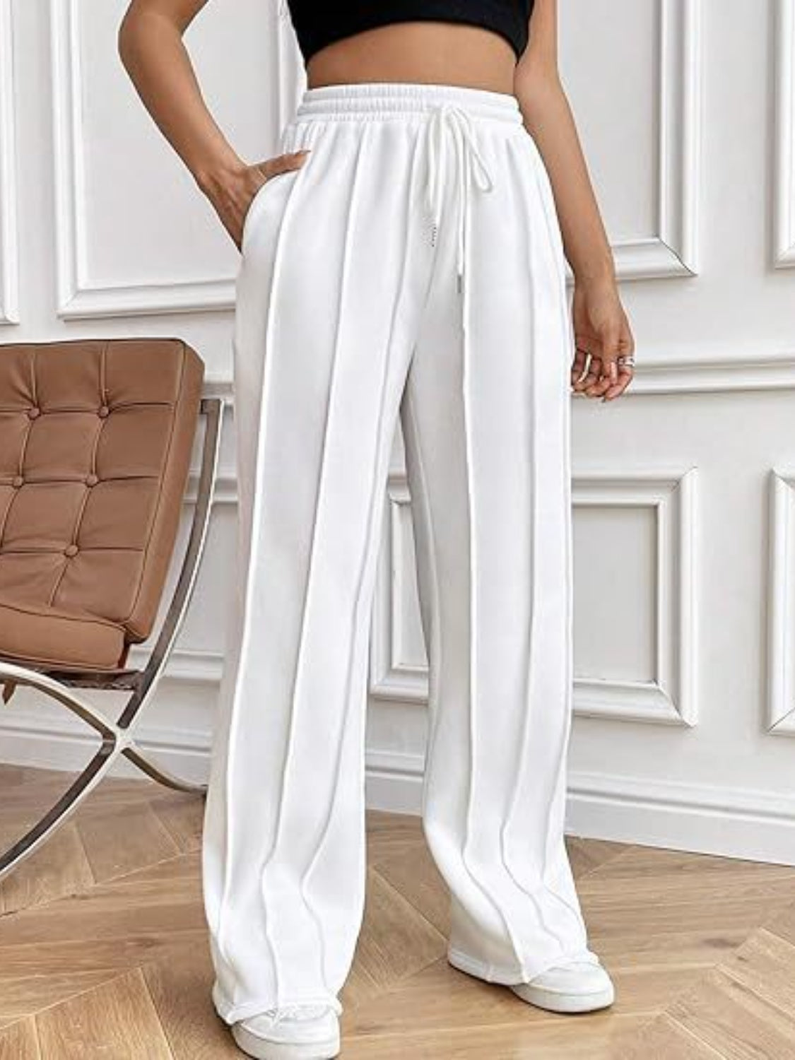 Drawstring Wide Leg Pants with Pockets - White / S