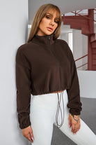 Drawstring Zip Up Dropped Shoulder Outerwear - Chocolate / S