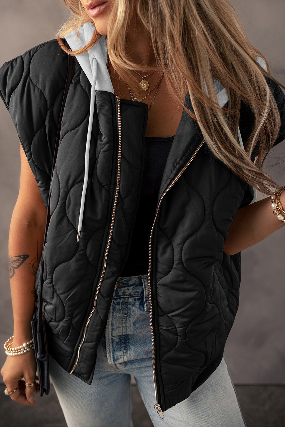 Drawstring Zip Up Hooded Vest Coat - Black / S