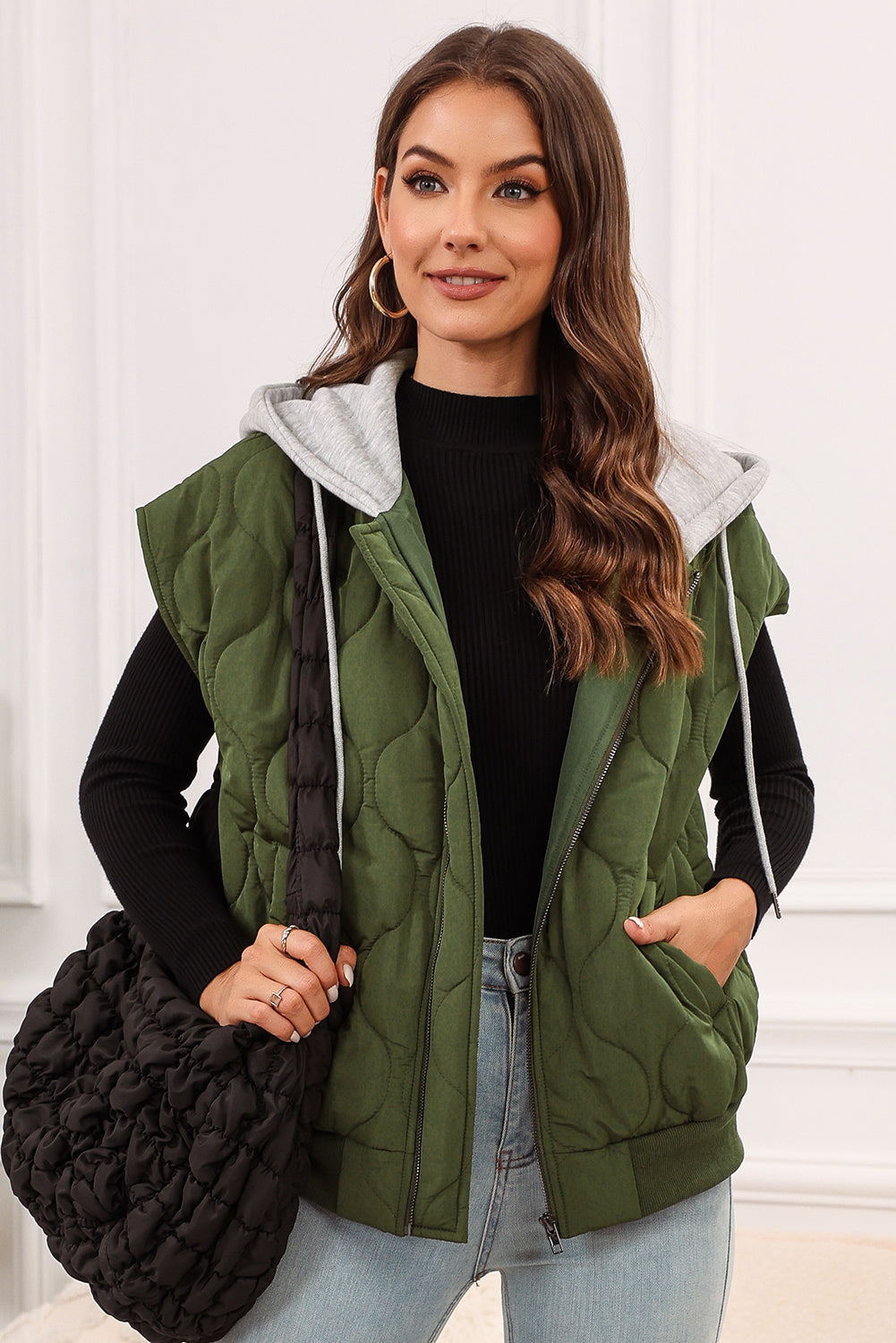 Drawstring Zip Up Hooded Vest Coat - Moss / S