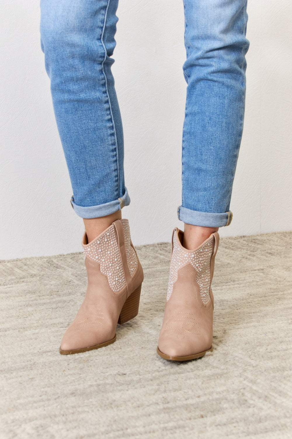 East Lion Corp Rhinestone Ankle Cowgirl Booties - Blush / 6