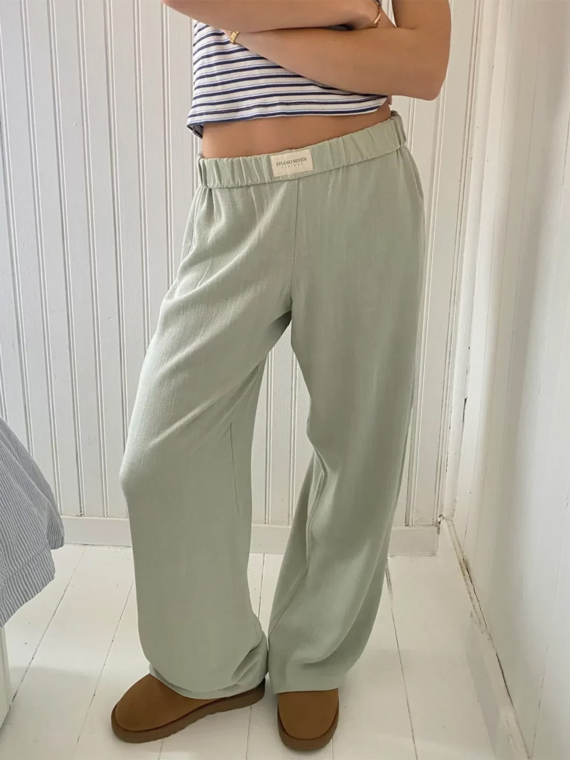 Elastic Waist Wide Leg Pants - Sage / S