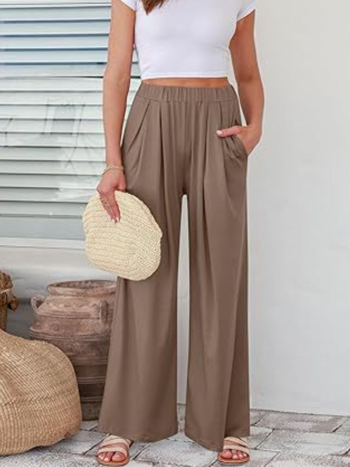 Elastic Waist Wide Leg Pants - Taupe / XS