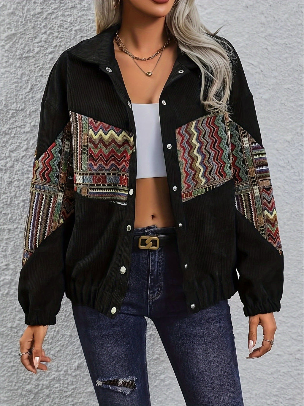 Embroidered Collared Neck Snap Down Jacket - Black / S