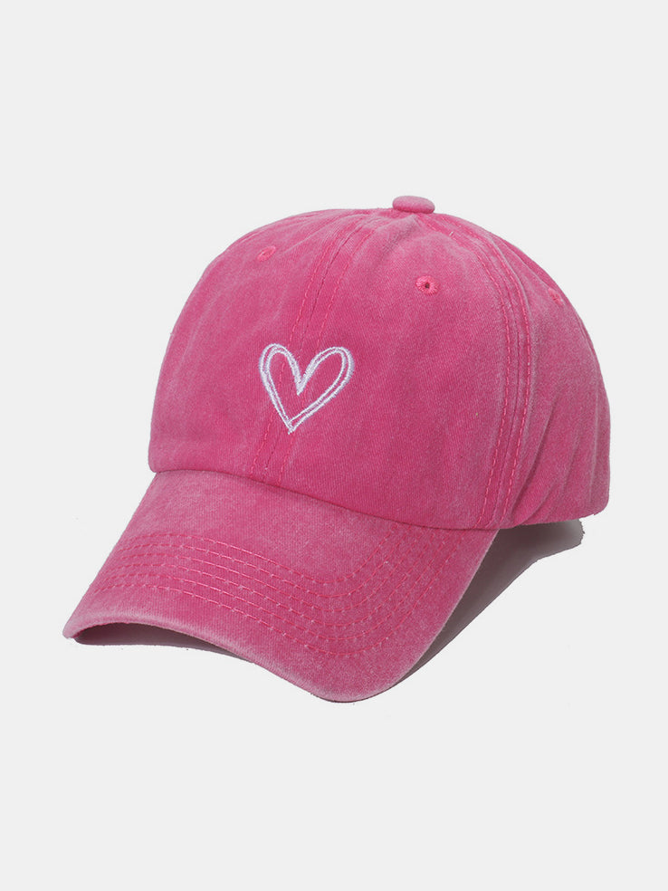 Embroidered Heart Washed Cotton Baseball Cap - Hot Pink / One Size