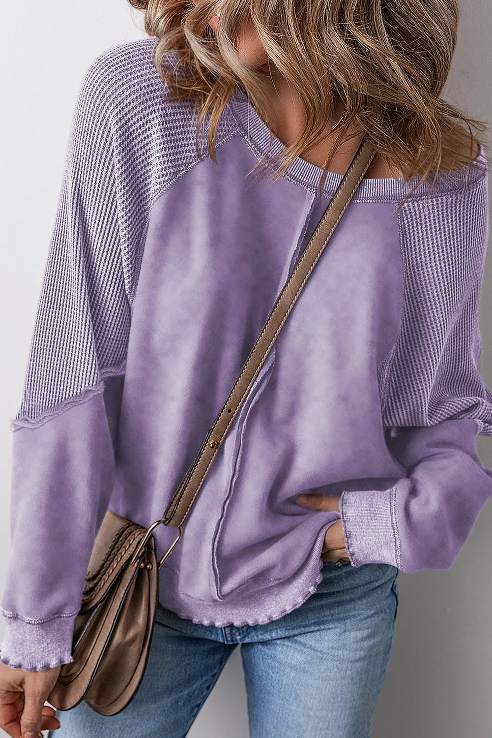 Exposed Seam Long Sleeve Sweatshirt - Lavender / 2XL