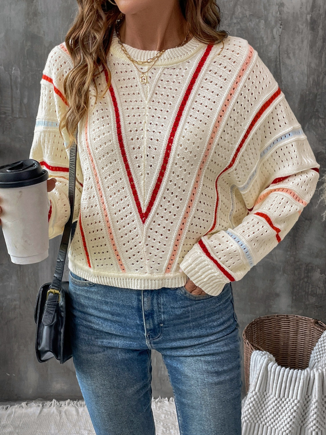 Eyelet Round Neck Long Sleeve Sweater - Tan / S