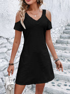 Eyelet V-Neck Cold Shoulder Mini Dress - Black / S