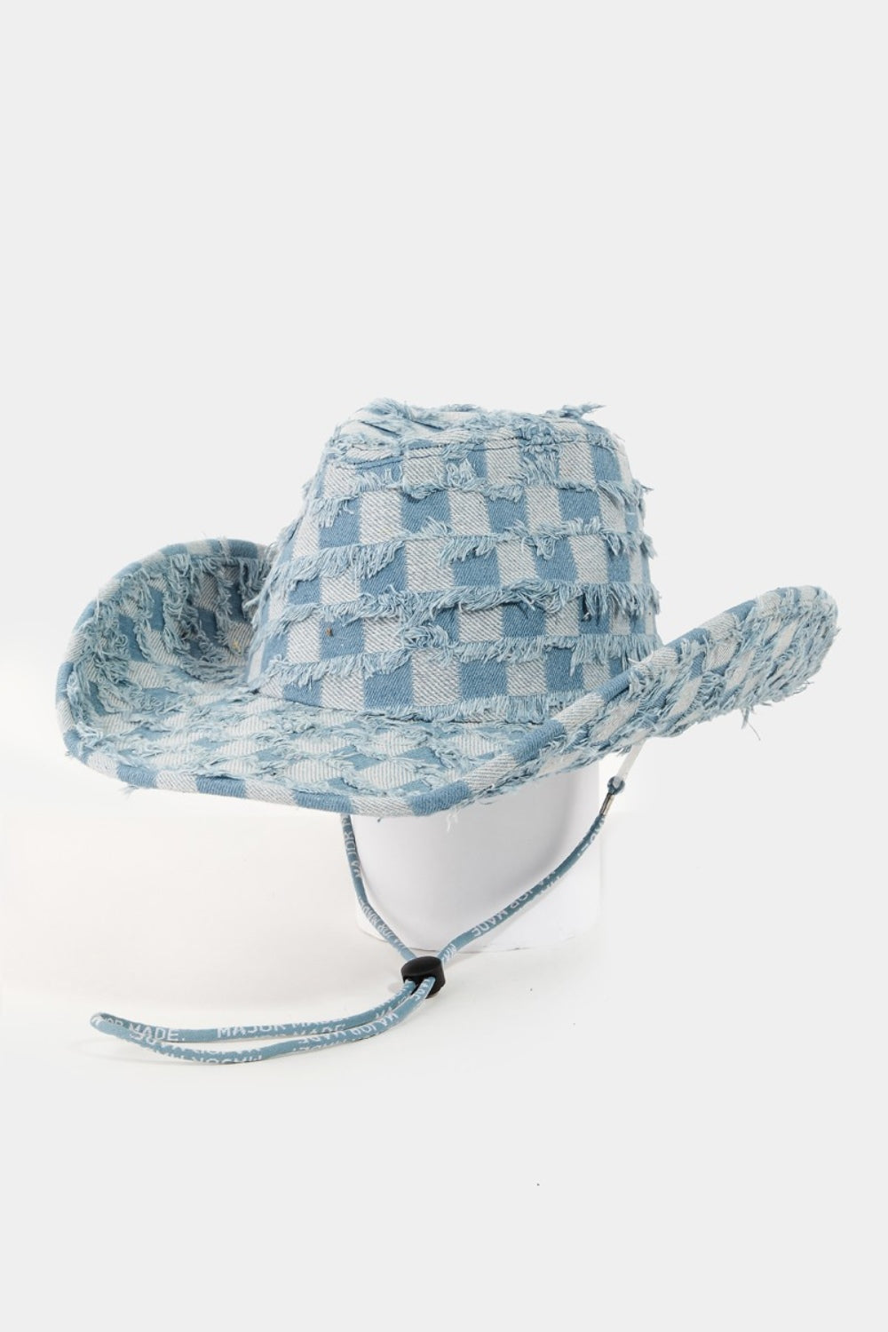 Fame Checkered Fringe Denim Cowboy Hat - Blue / One Size