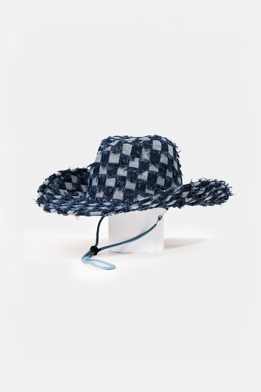 Fame Checkered Fringe Denim Cowboy Hat - Dark Blue / One Size