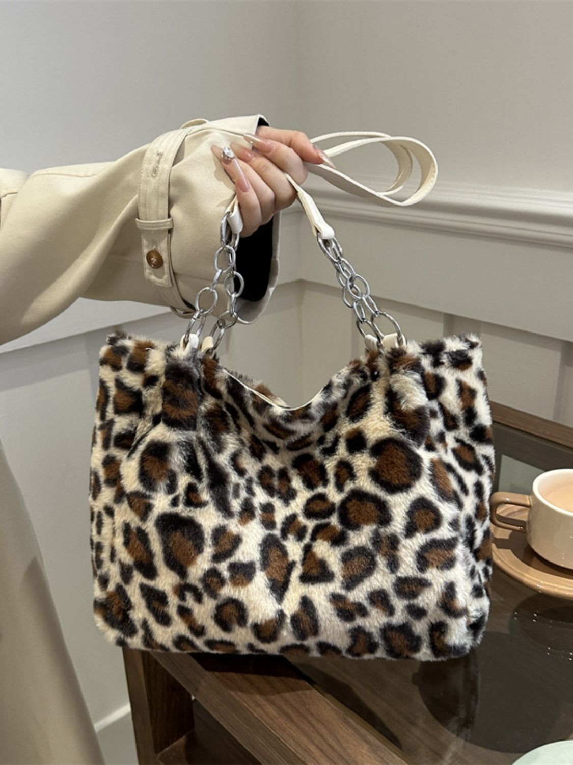 Faux Fur Leopard Shoulder Bag - Beige / One Size
