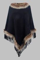 Faux Fur Trim Fringed Poncho - Black / One Size