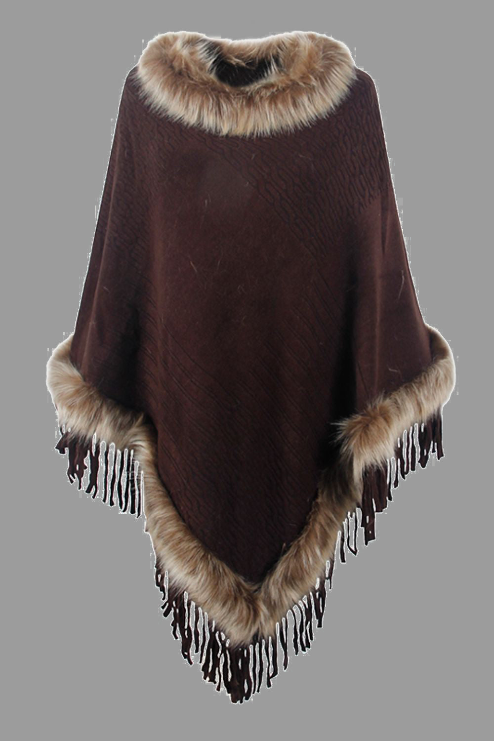 Faux Fur Trim Fringed Poncho - Chocolate / One Size