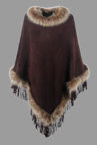 Faux Fur Trim Fringed Poncho - Chocolate / One Size