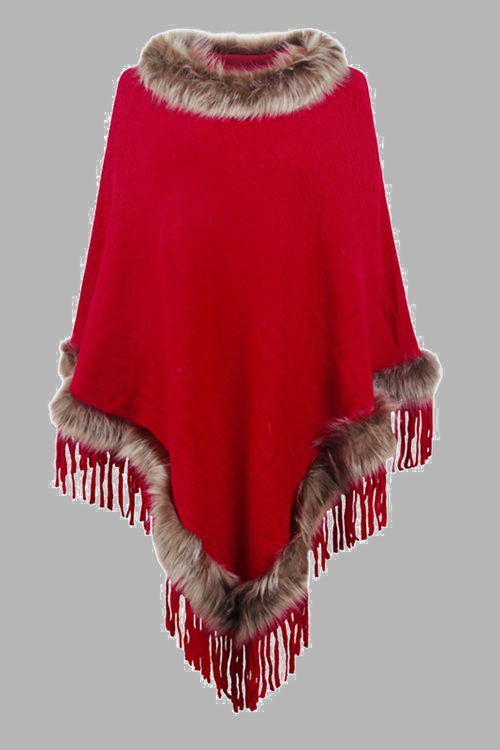 Faux Fur Trim Fringed Poncho - Deep Red / One Size