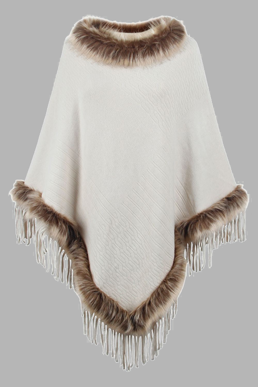 Faux Fur Trim Fringed Poncho - Ivory / One Size