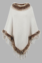 Faux Fur Trim Fringed Poncho - Ivory / One Size