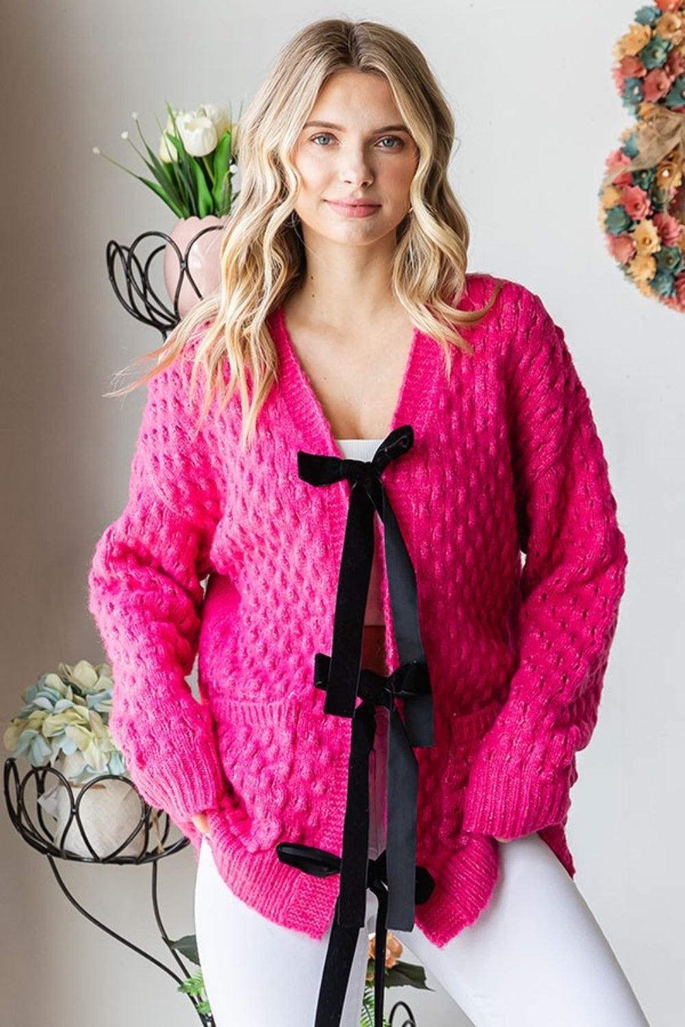 First Love Tie Closure Open Knit Cardigan - Deep Rose / S